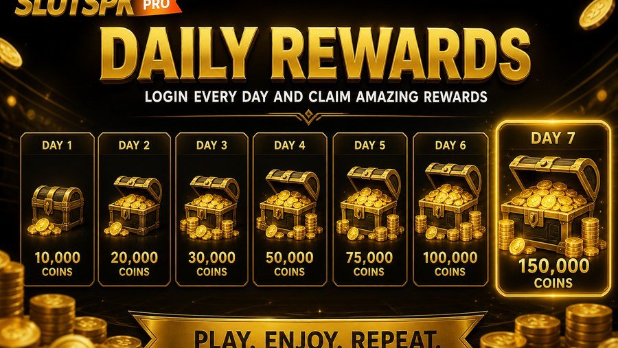 Slotspk Pro daily rewards screen with the 7-day login streak and daily bonus